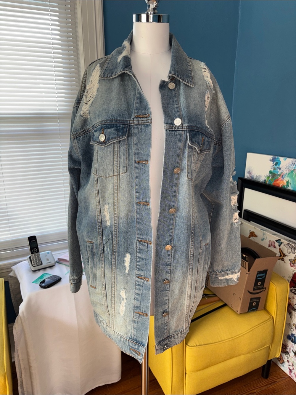 Fashion Nova Light Blue Distressed Oversized Denim Jacket